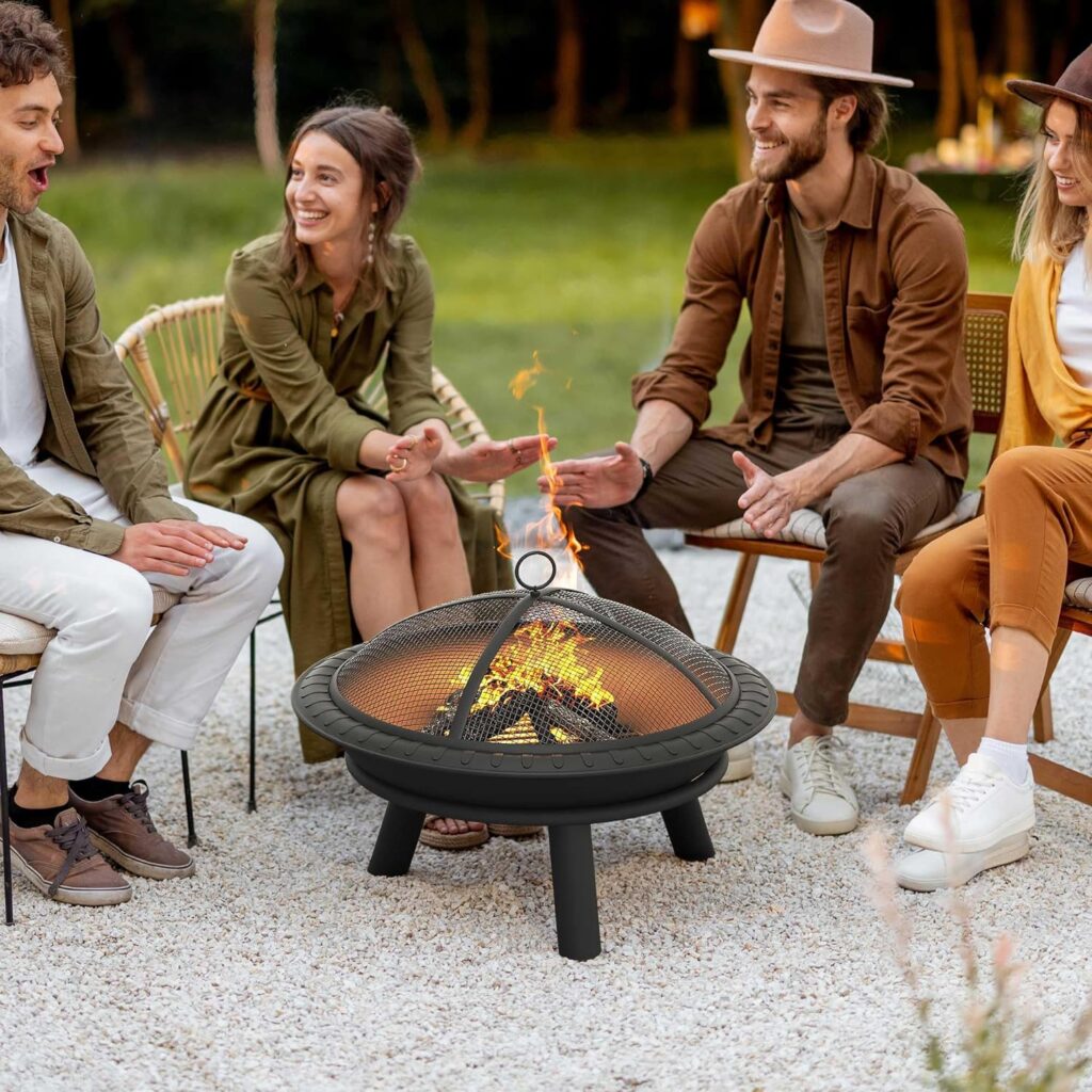 YITAHOME 24in Steel Replacement Fire Bowl with Round Spark Screen, Poker and Detachable Grate, Wood Burning Fire Pit Bowl for DIY or Existing Outdoor Patio Fire Pit