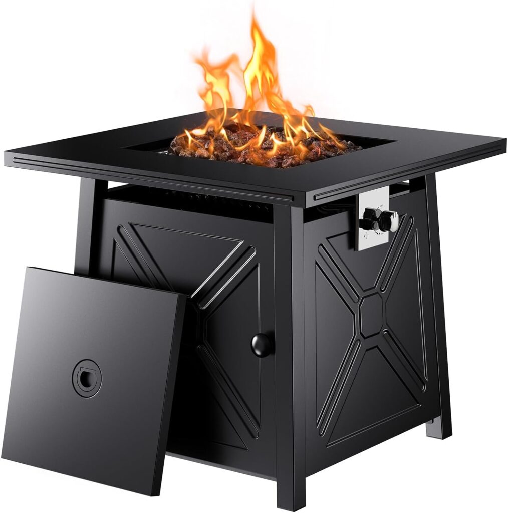 50,000 BTU 28in Propane Gas Fire Pit Table with Steel Lid and Lava Rock for Backyard Gatherings