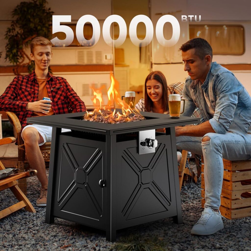 50,000 BTU 28in Propane Gas Fire Pit Table with Steel Lid and Lava Rock for Backyard Gatherings