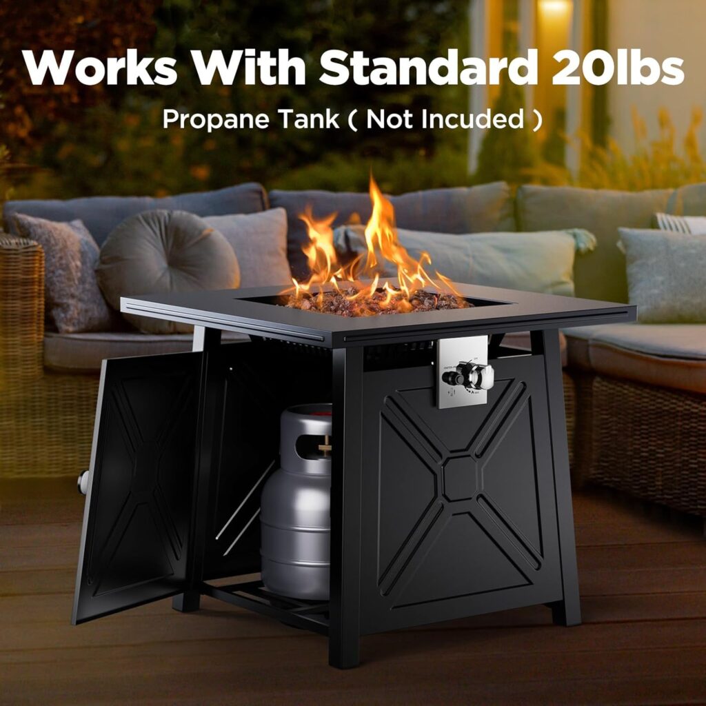 50,000 BTU 28in Propane Gas Fire Pit Table with Steel Lid and Lava Rock for Backyard Gatherings