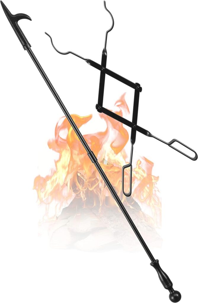 FEED GARDEN 32 Inch Fireplace Poker and 26 Inch Fireplace Tongs Set for Fire Pit Fireplace Tools Accessories Log Grabber Set for Camping Wood Stove Patio Campfire Picnic Indoor and Outdoor