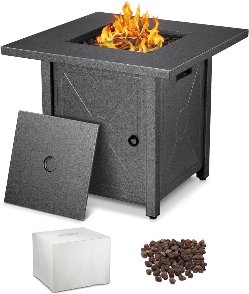 R.W.FLAME 28 Fire Pit Table,Propane Fire Pit Table,41000BTU,propane fire pit,Portable Outdoor Fire Pit with Lava Racks,Lid  Rain Cover.Smokeless Gas Fire Pit Table for Outside Paito/Garden/Backyard