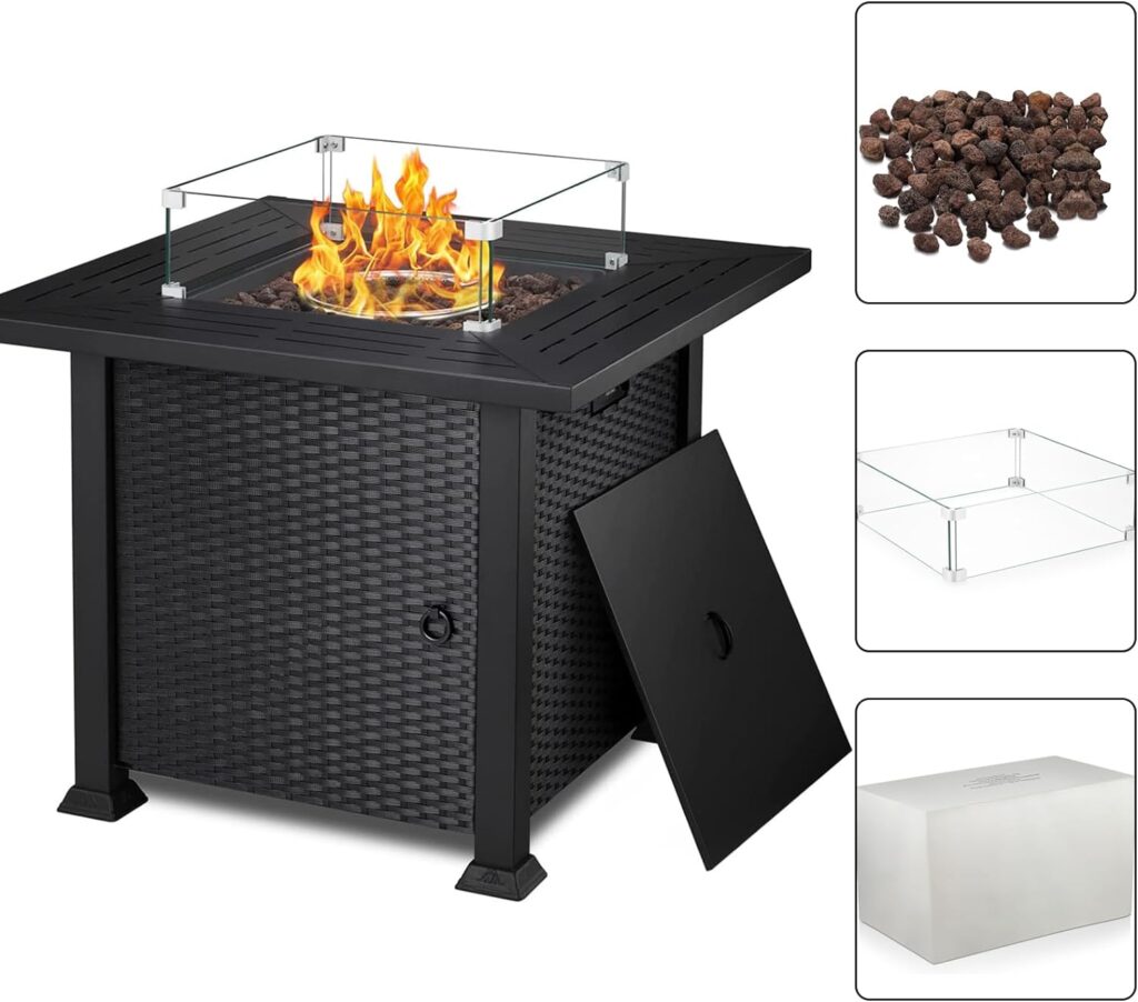 R.W.FLAME 28 Fire Pit Table,Propane Fire Pit Table,41000BTU,propane fire pit,Portable Outdoor Fire Pit with Lava Racks,Lid  Rain Cover.Smokeless Gas Fire Pit Table for Outside Paito/Garden/Backyard