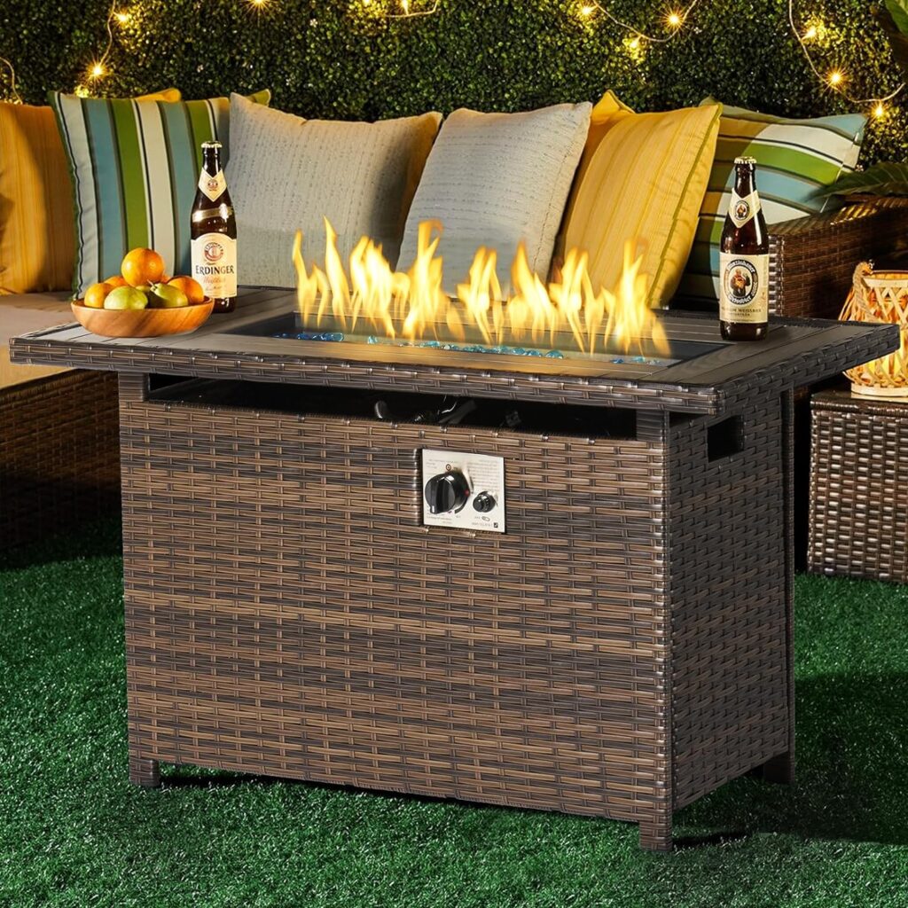 Aoxun Propane Fire Pit Table with Storage, 40 in CSA Propane Fire Table Rectangular, Auto Ignition Gas Fire Pit for Outside Patio Deck, Oxford Cover, Brown Wicker…