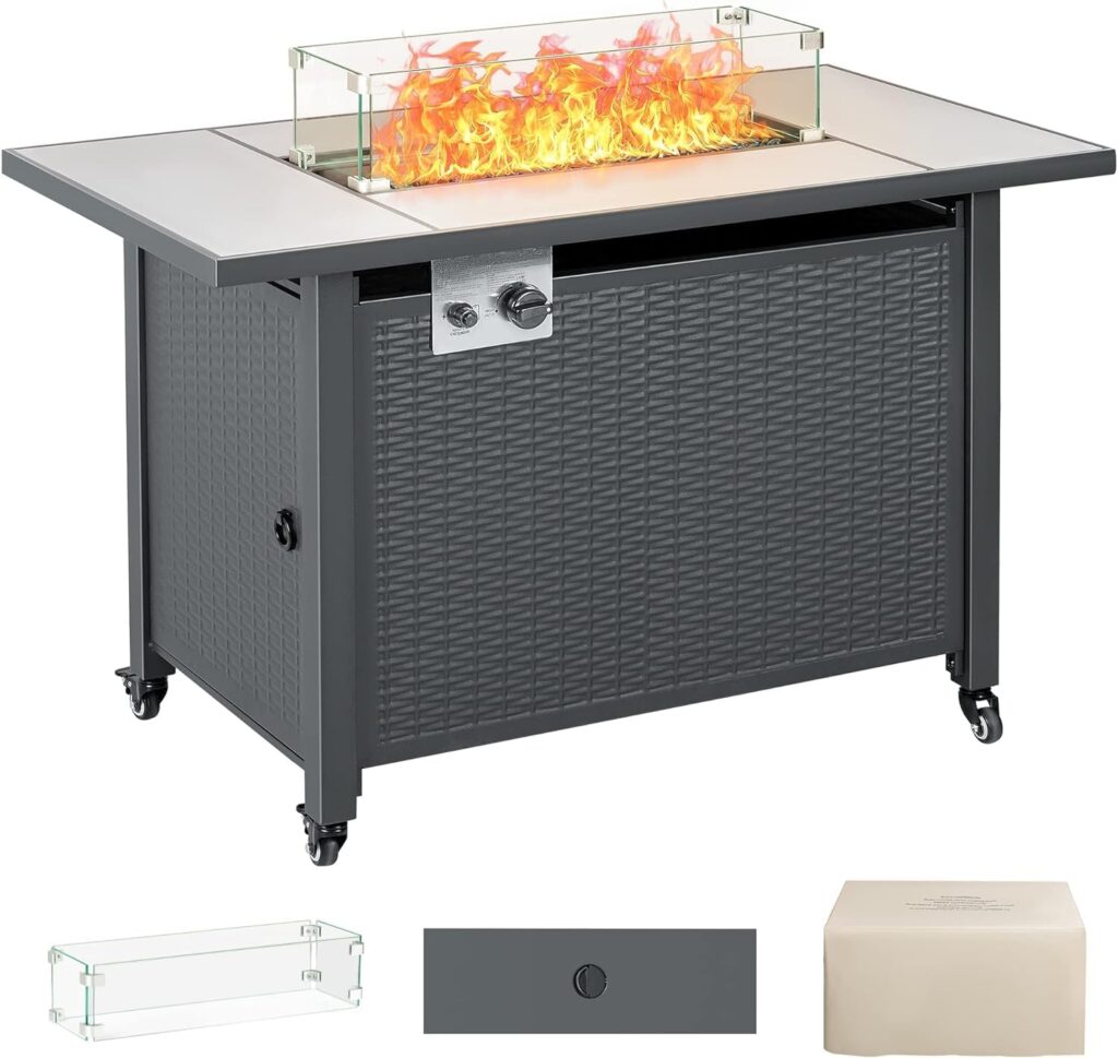 Devoko 43 inch Outdoor Fire Pit Table, 50000 BTU Propane Gas Metal Fire Pit Table with Ceramic Tile Desktop, Windproof Glass Cover, Dustproof Cover, Replaceable Casters/Pads, Lid for Garden Patio