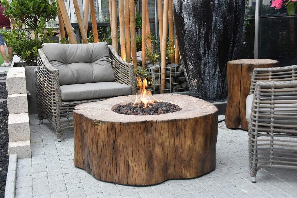 Fire Table Propane Manchester Fire Table Elementi, 42 x 39 x 17 in. Cast Concrete Outdoor Fireplaces into Redwood Stump Shape - 304 Stainless Steel Burner - Canvas Cover and Lava Rock Included