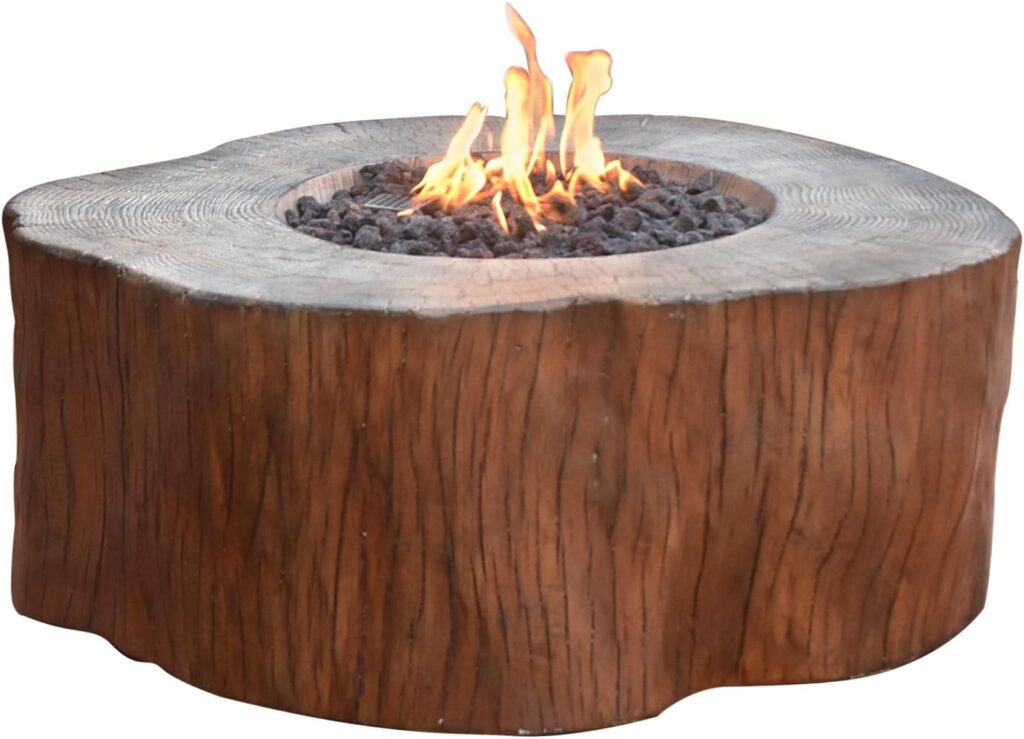 Fire Table Propane Manchester Fire Table Elementi, 42 x 39 x 17 in. Cast Concrete Outdoor Fireplaces into Redwood Stump Shape - 304 Stainless Steel Burner - Canvas Cover and Lava Rock Included