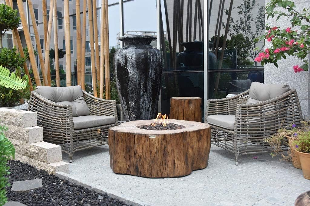 Fire Table Propane Manchester Fire Table Elementi, 42 x 39 x 17 in. Cast Concrete Outdoor Fireplaces into Redwood Stump Shape - 304 Stainless Steel Burner - Canvas Cover and Lava Rock Included