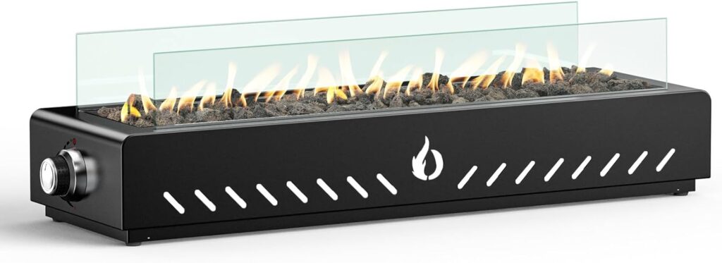 Onlyfire 28 Tabletop Fire Pit Bottom-Mounted, Portable Outdoor Gas Fire Table with Glass Wind Guard  Lava Rocks, Propane Smokeless Fireplace for Table with Umbrella Hole, Black, 6.8FT Hose