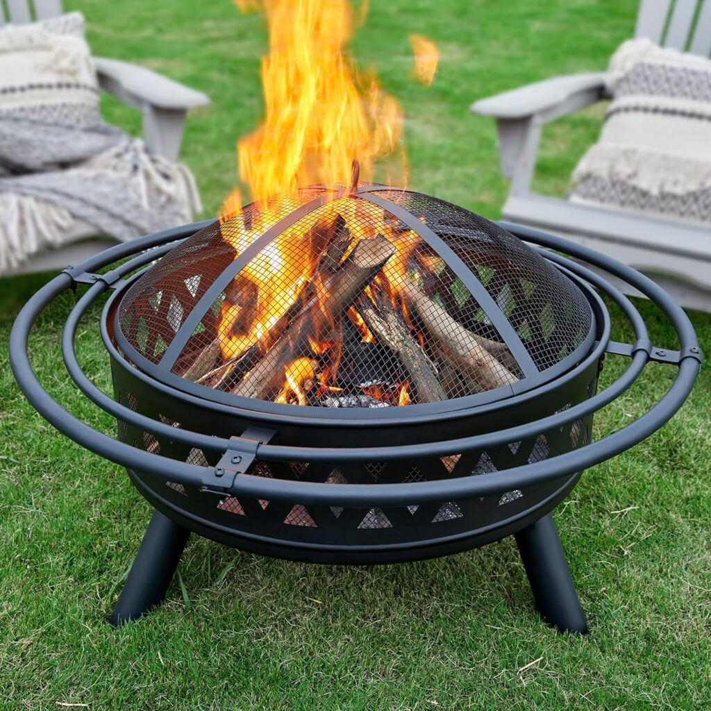 PaPaJet 35 Inch Fire Pit with 2 Loops, Outdoor Wood Burning Fire Pit Crossweave with Spark Screen Fire Poker, Backyard Patio Camping Beach Bonfire Pit, Black