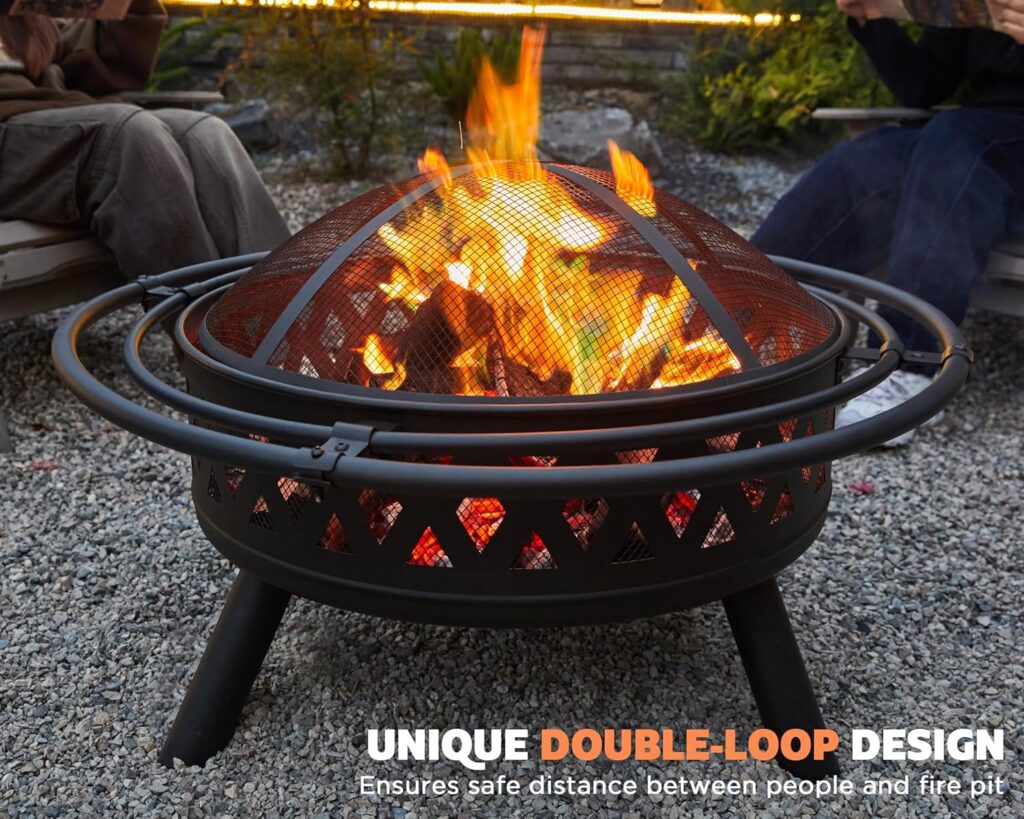 PaPaJet 35 Inch Fire Pit with 2 Loops, Outdoor Wood Burning Fire Pit Crossweave with Spark Screen Fire Poker, Backyard Patio Camping Beach Bonfire Pit, Black