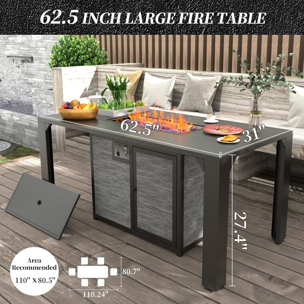 Pizzello Outdoor Fire Pit Dining Table 62.5 Aluminum Rectangular Propane Dining Patio Table with Firepit Dining Height Gas Fire Pit Table, Pizzello Comodo, Black