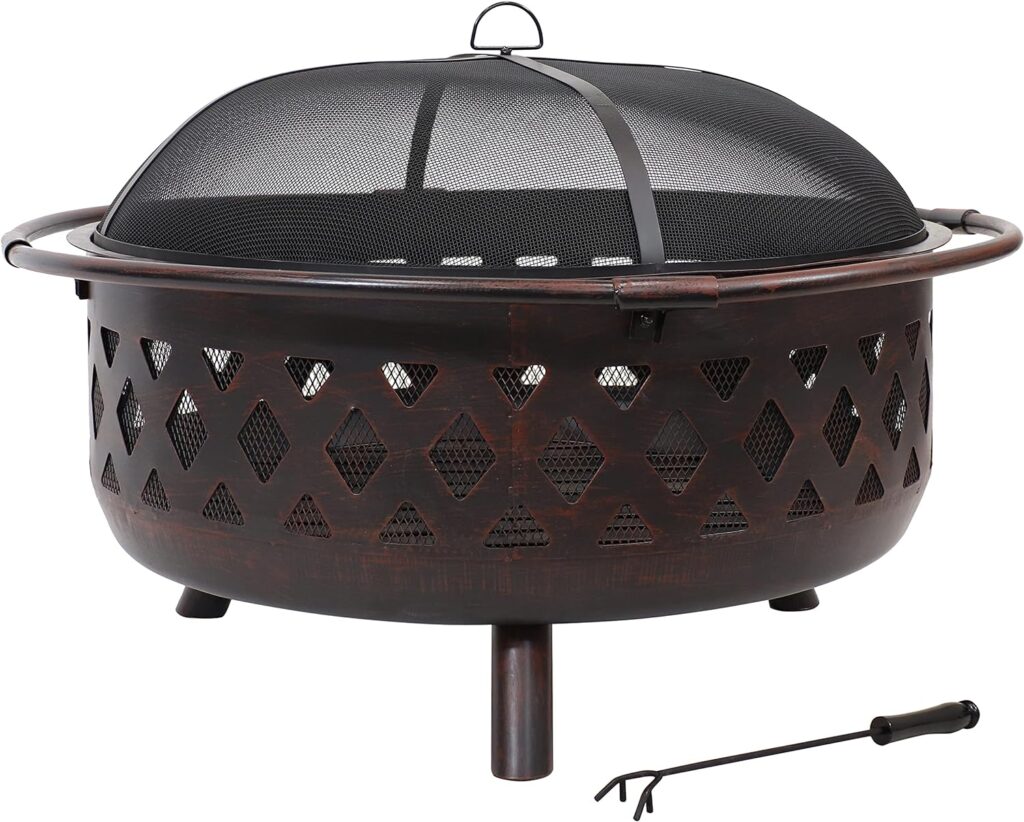 Sunnydaze Bronze Crossweave Wood-Burning Fire Pit - Includes Spark Screen, Fireplace Poker, and Round Cover - 30-Inch