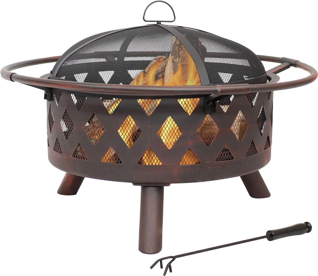 Sunnydaze Bronze Crossweave Wood-Burning Fire Pit - Includes Spark Screen, Fireplace Poker, and Round Cover - 30-Inch