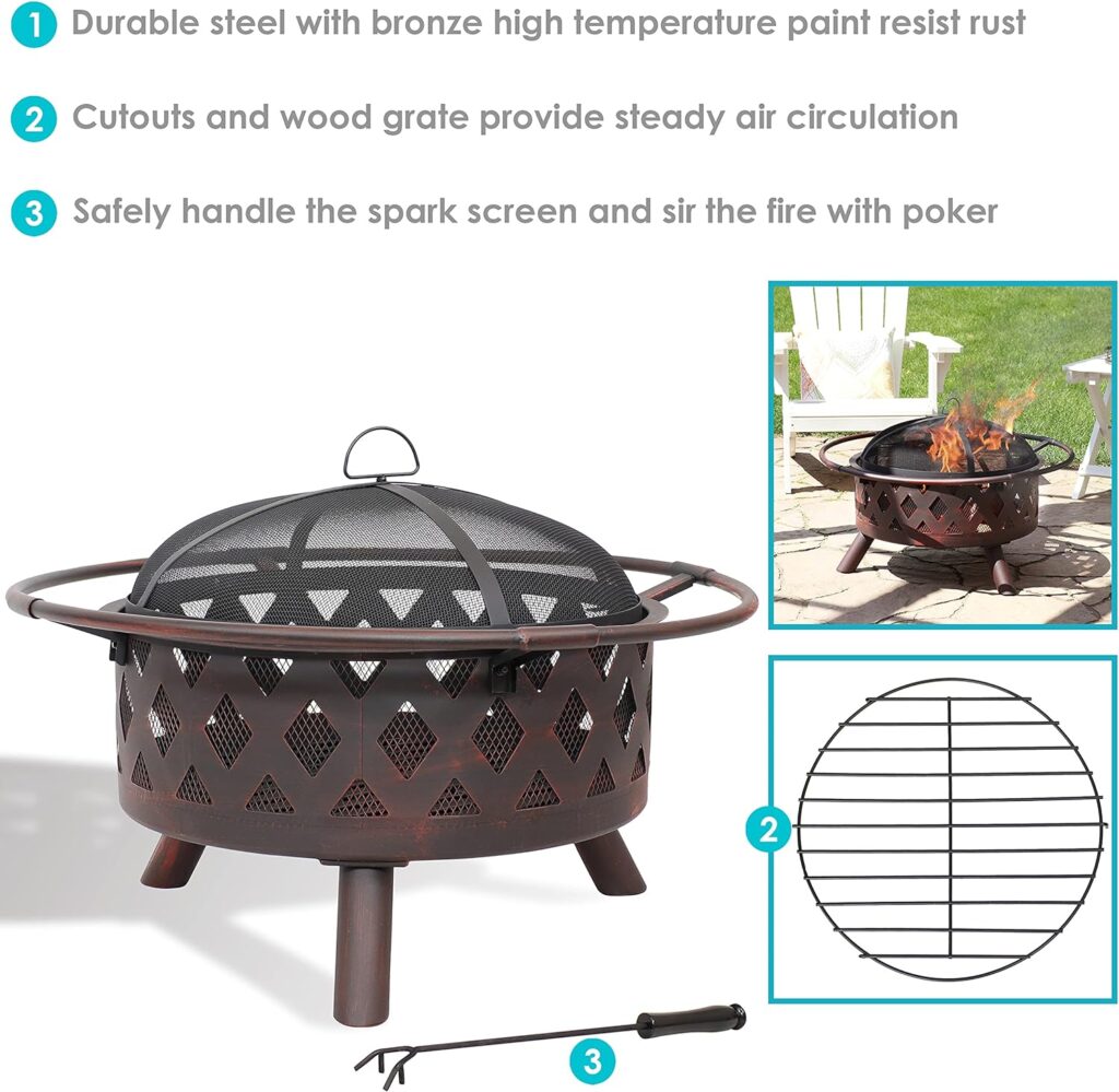 Sunnydaze Bronze Crossweave Wood-Burning Fire Pit - Includes Spark Screen, Fireplace Poker, and Round Cover - 30-Inch