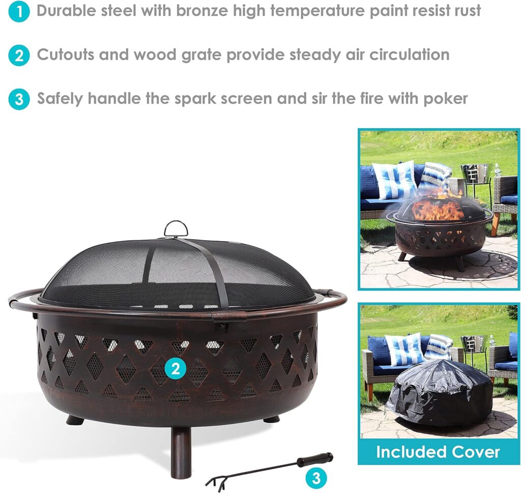 Sunnydaze Bronze Crossweave Wood-Burning Fire Pit - Includes Spark Screen, Fireplace Poker, and Round Cover - 30-Inch