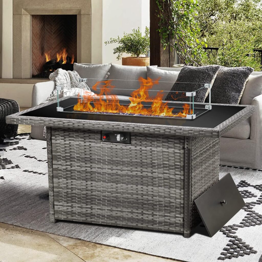 Vakollia Propane Fire Pit Table,44 Inch 55000 BTU Outdoor Gas Fire Pit Rectangular with Glass Wind Guard for Outside Patio Deck (Gray-Glass Top)