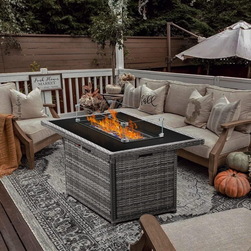 Vakollia Propane Fire Pit Table,44 Inch 55000 BTU Outdoor Gas Fire Pit Rectangular with Glass Wind Guard for Outside Patio Deck (Gray-Glass Top)