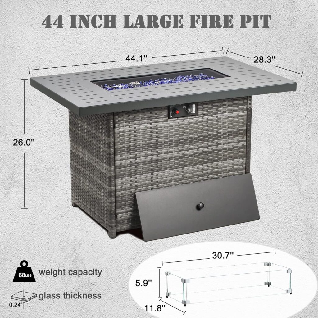 Vakollia Propane Fire Pit Table,44 Inch 55000 BTU Outdoor Gas Fire Pit Rectangular with Glass Wind Guard for Outside Patio Deck (Gray-Glass Top)