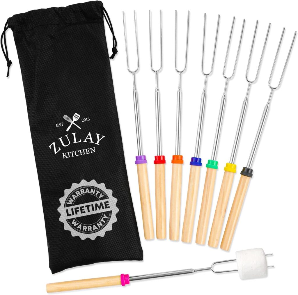 Zulay Sturdy Marshmallow Sticks for Fire Pit Extra Long - Great Smores Sticks Smores Kit for Fire Pit - Marshmallow Roasting Skewers - Hot Dog Fork Bonfire Glamping Camping Accessory 32 8 Pack Bundle