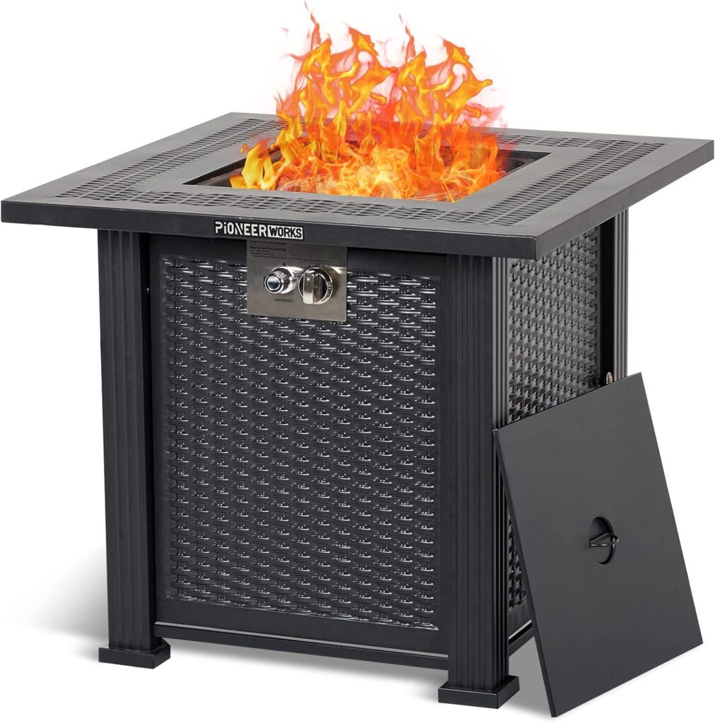 28 Inch Propane Fire Pit Table, PioneerWorks 50000BTU Rectangle Fire Table with Cover, Sturdy Steel and Iron Fence Surface, CSA Safety Certified, Companion for Your Garden Black