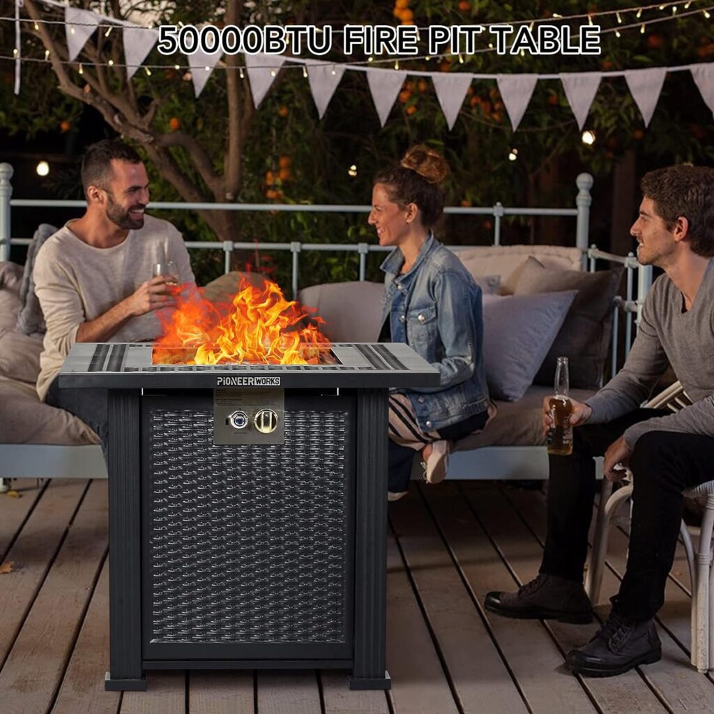 28 Inch Propane Fire Pit Table, PioneerWorks 50000BTU Rectangle Fire Table with Cover, Sturdy Steel and Iron Fence Surface, CSA Safety Certified, Companion for Your Garden Black
