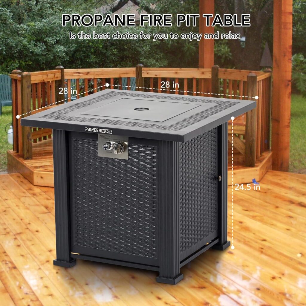 28 Propane Fire Pit Table, 50000BTU Rectangle Fire Table with Cover  Rain Cover, Sturdy Steel and Iron Fence Surface, CSA Safety Certified, Companion for Your Garden