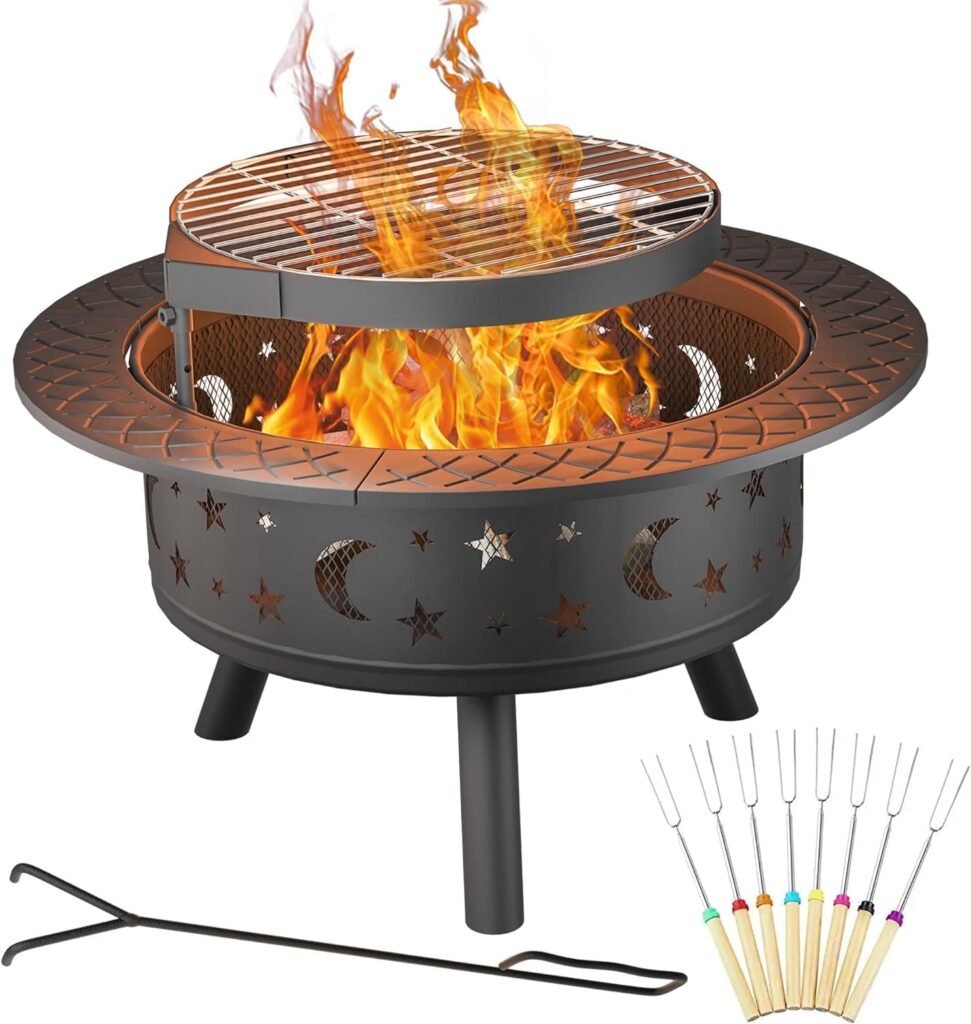 35IN Fire Pit, Wood Burning Firepits for Outside with Poker  Adjustable Grill, Metal Round Outdoor Camping Fire Pit for Patio, Picnic, Party