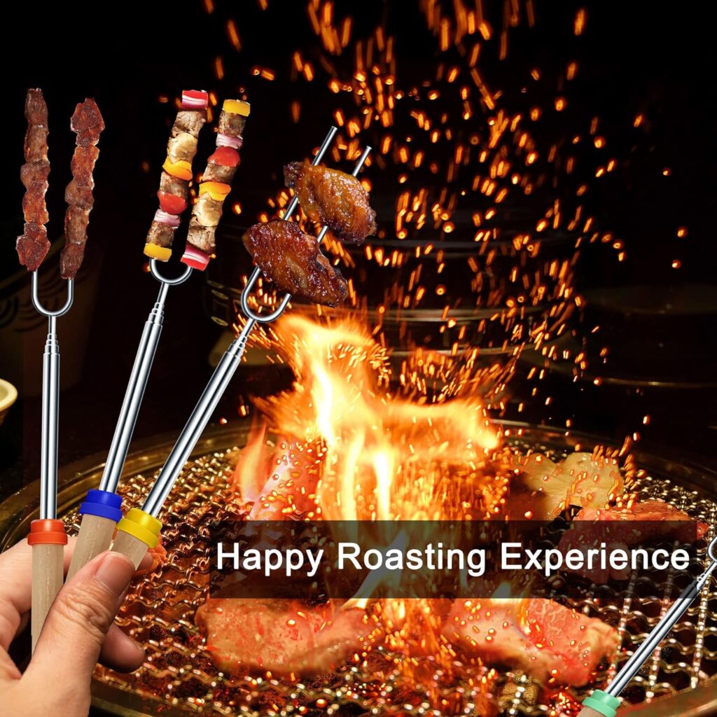 8 PCS Marshmallow Roasting Sticks for Fire Pit, Retractable Grill Forks Smores Sticks Kit for Fire Pit, Marshmellow Roasting Tongs BBQ Tools, TIMDAM Stainless Steel Smores Skewers Campfire Accessories