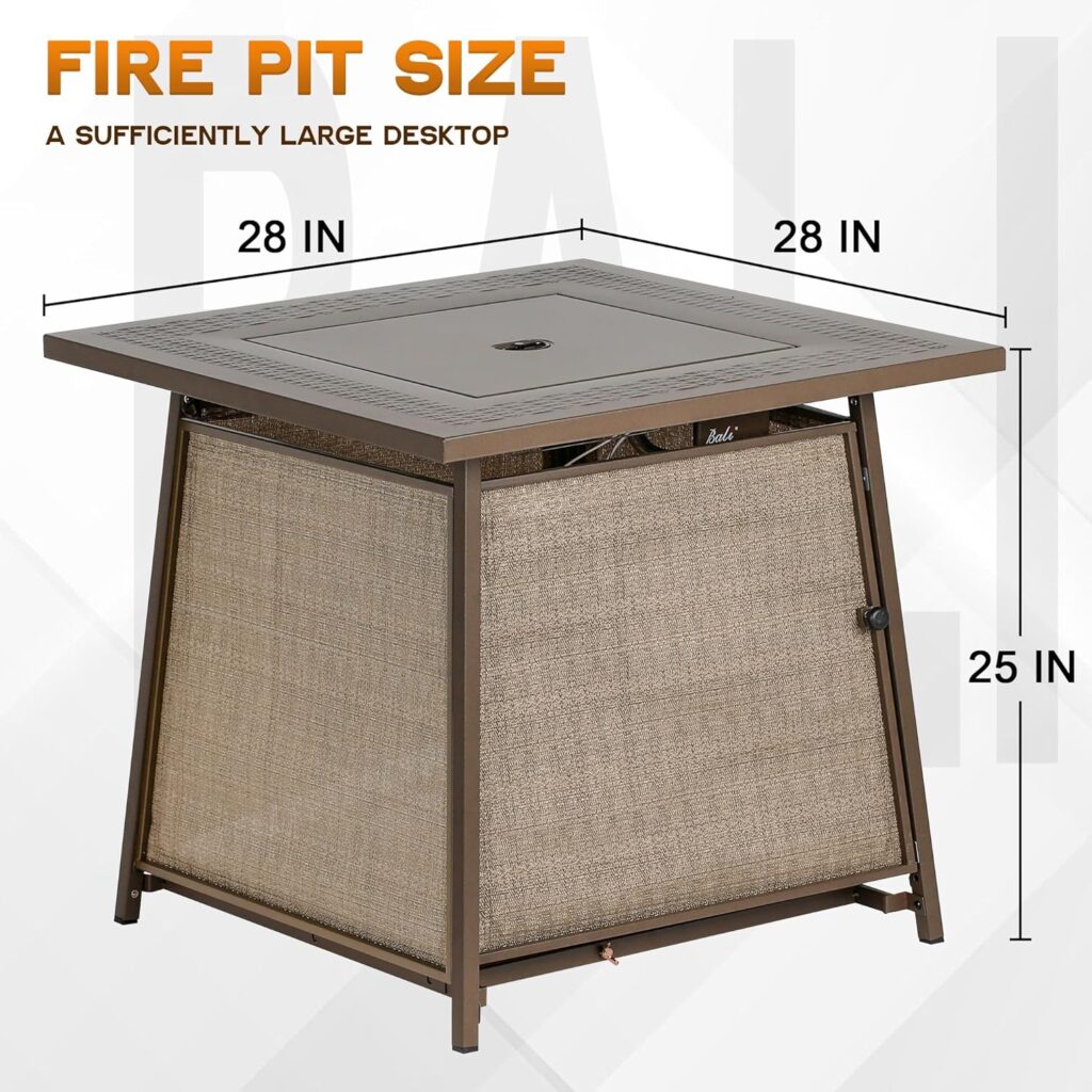 BALI OUTDOORS FirePit Propane Gas Fire Pit Table, 28Inch Square Fire Table 50,000BTU with Cover Lid  Blue Fire Glass for Outside Backyard Deck Patio