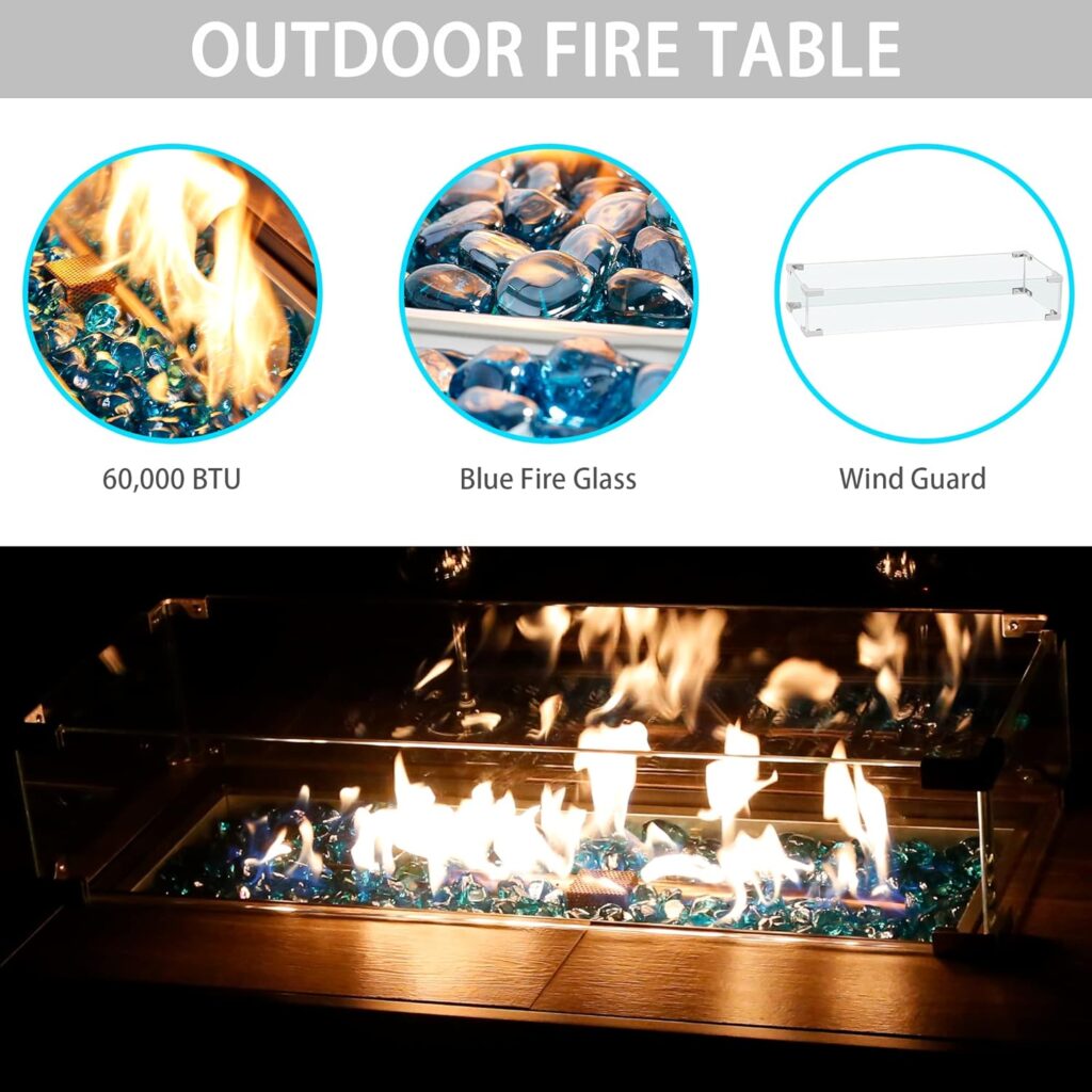 BALI OUTDOORS Propane Fire Pit Table, 42 inch 60,000 BTU Gas FirePit Table with Glass Wind Guard, Rectangular Fire Pit Outdoor Gas