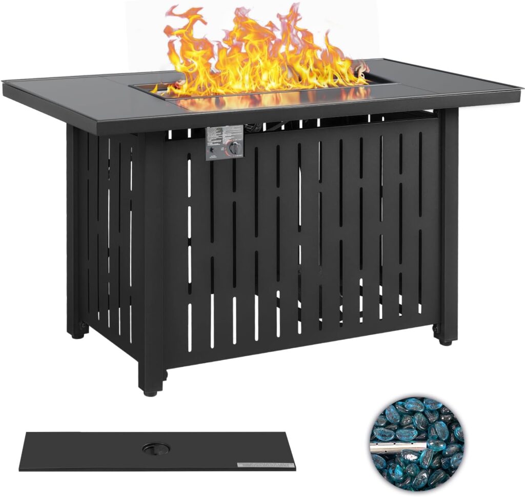 Greesum 44 Propane Gas Fire Pit Table 50,000 BTU Outdoor Rectangular FirePit with Lid, Rain Cover for Outside Garden Backyard Deck Patio, Black