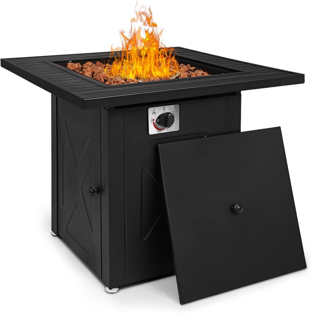 MoNiBloom 28 in Square Propane Fire Pits Table, 50000 BTU Outside Dinning Propane Outdoor Fire Pit Table Top with Lid, for Patio Deck Garden Backyard,Black