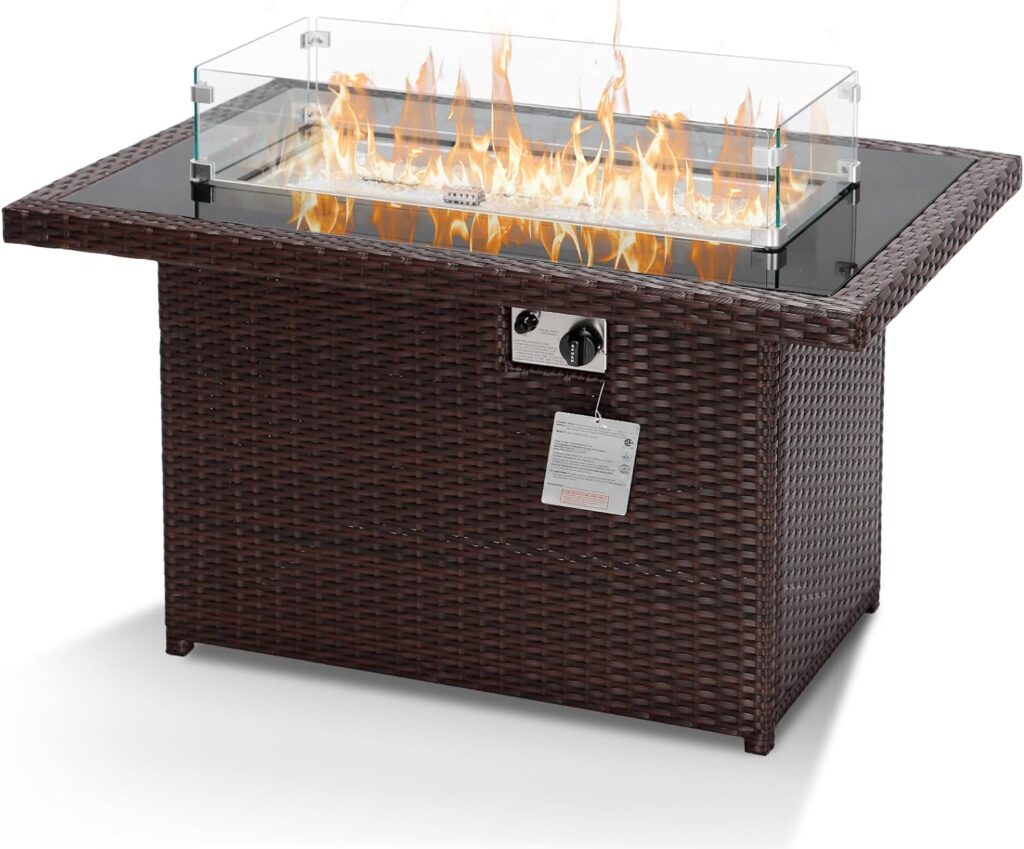 NICESOUL® 43 Rectangular Propane Natural Gas Fire Pit Espresso PE Wicker Fire Table for Outside 55,000 BTU Stainless Steel Burner H-Pipe Firepit Aluminum Frame with Windguard  Glass Rocks  Cover