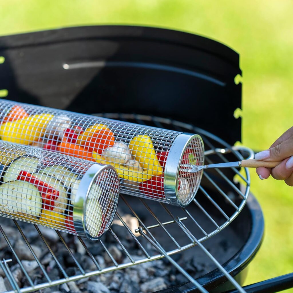 Rolling Grill Basket Set - Two BBQ Grilling Baskets, One Oil Brush, Fork and Hook. BBQ Grill Accessories Set are the Perfect Grilling Accessories for Outdoor Grill or Campfire Grill Grate, Grill Pan