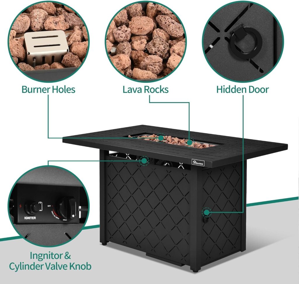 YITAHOME 43 Inch Propane Fire Pit Table, 50,000 BTU Gas Fire Pit with Ignition Systems, Iron Tabletop, Lava Rock, Lid, Rectangular Outdoor Firetable for Patio Deck Garden Backyard (Black)