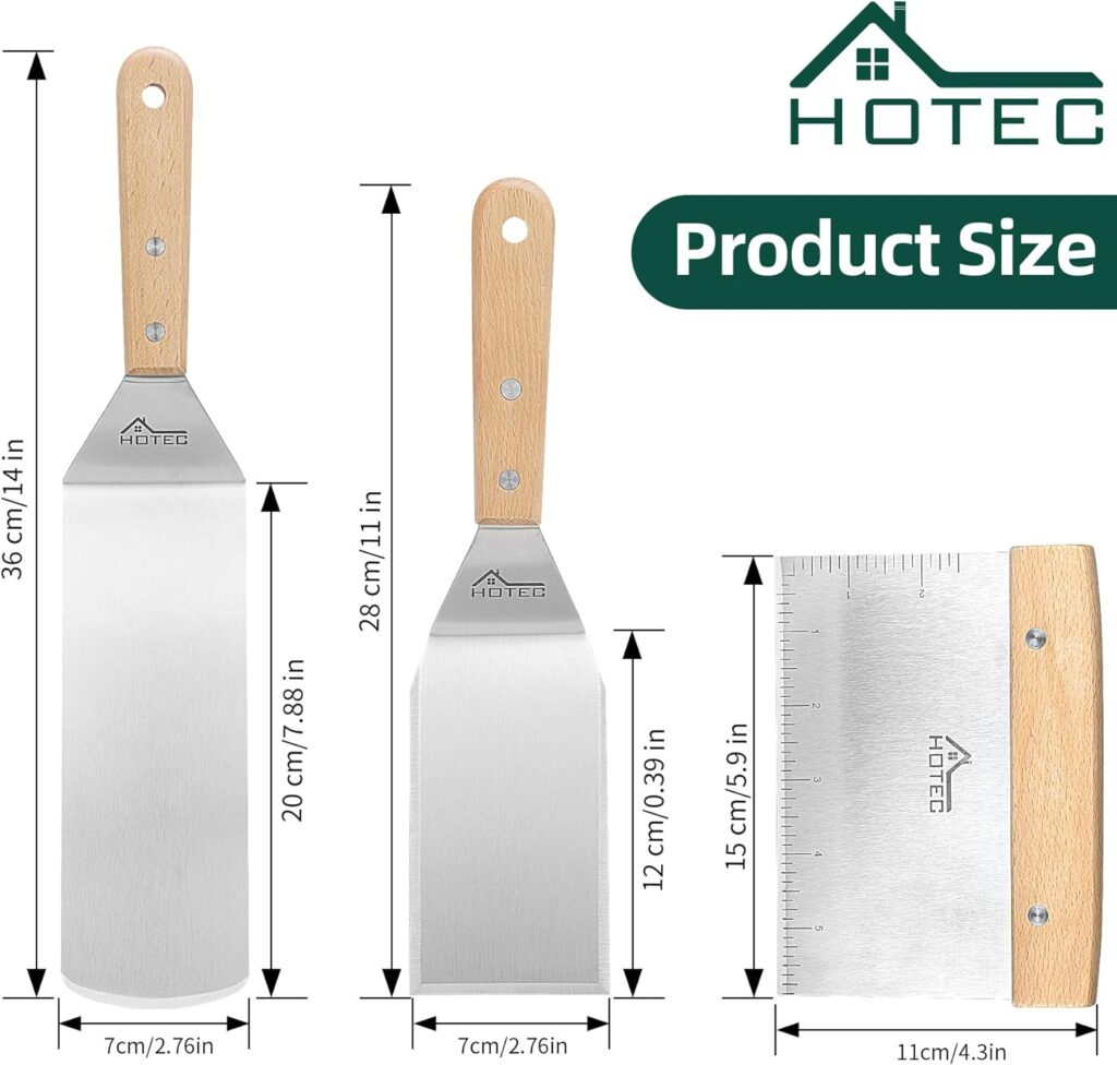 HOTEC Metal Flat Spatula Set Stainless Steel Grill Barbeque Turner Griddle Scraper Chooper BBQ Tool, set of 3