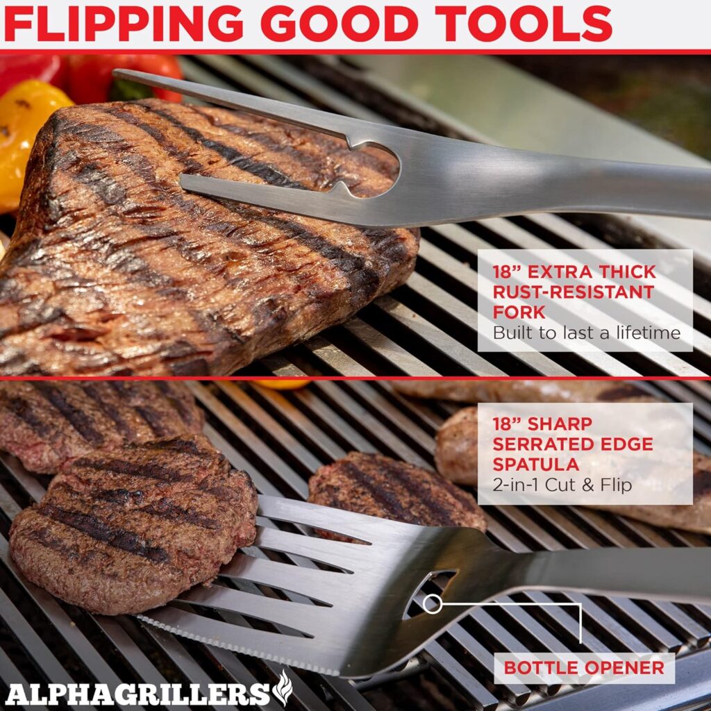 Alpha Grillers Grill Set Heavy Duty BBQ Accessories - BBQ Gifts Tool Set 4pc Grill Accessories with Spatula, Fork, Brush  BBQ Tongs - Grilling Cooking Gifts for Men Dad Durable, Stainless Steel