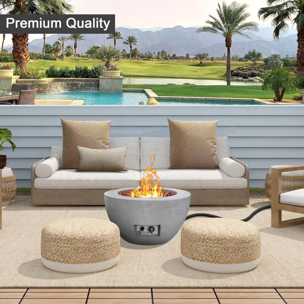 Kante 25 Inch Propane Fire Table, 50,000 BTU Large Concrete Fire Pit Table for Outdoor Garden Patio, Smokeless Gas Fire Pit with Waterproof Cover, Side Handles, Concrete