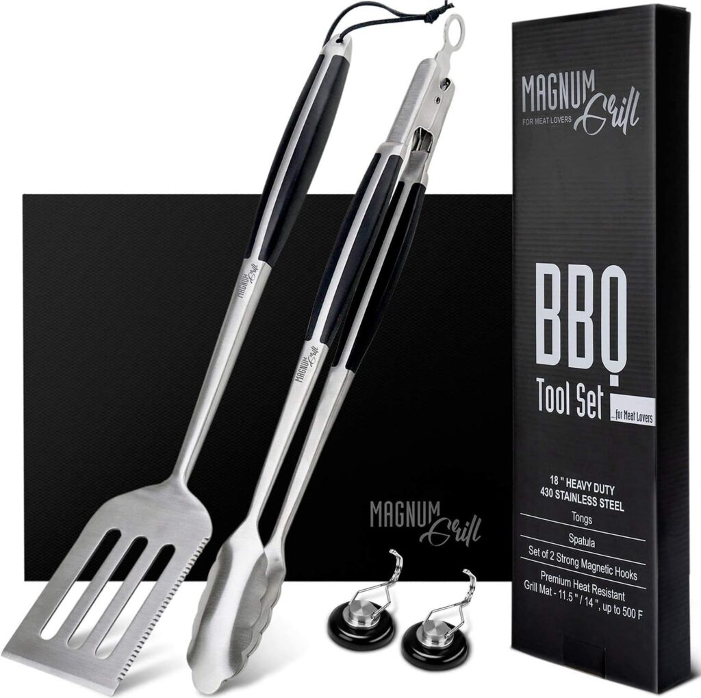 Grilling Accessories by Magnum Grill - 5 Piece BBQ Tools Set with 18 Grill Spatula, Tongs for Cooking, BBQ Grill Mat and 2X Strong Magnetic Hooks for Hanging on Barbeque - Heavy Duty Metal Grill Set