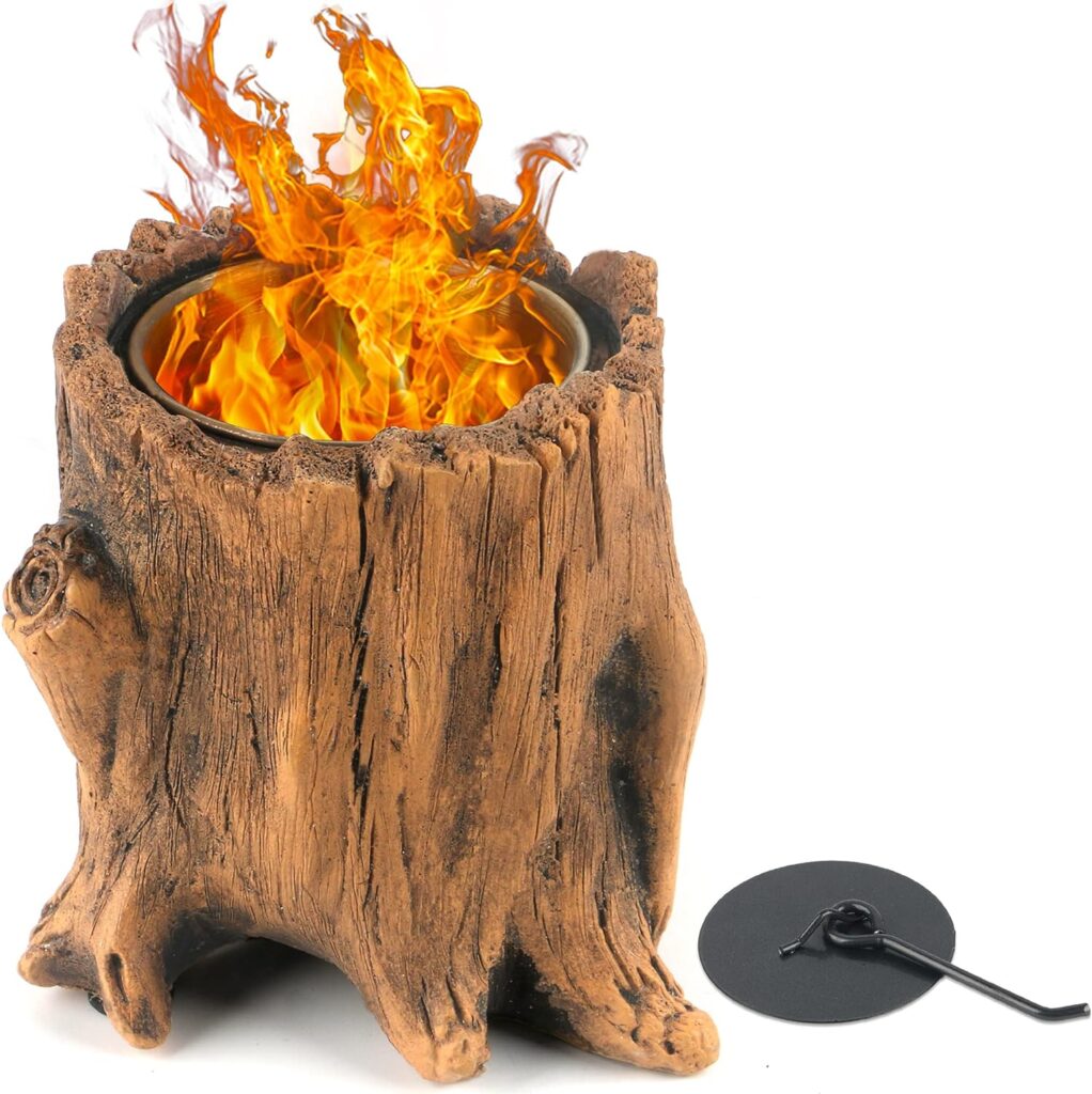 SISETOP Tree Stump Tabletop Fire Pit, Concrete Indoor Smores Maker, Portable Table Top Firepit Bowl, Smokeless Mini Fireplace for Outdoor, Camping, Outside, Patio, Decor