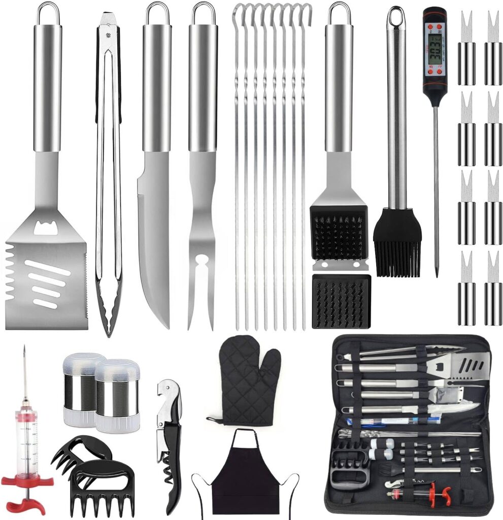 BBQ Grilling Accessories, 33PCS Stainless Steel Grill Accessories for Outdoor Grill with Thermometer Injector, Easy Carrying Grill Tools with Canvas Bag, Valentines Day Gifts for Him