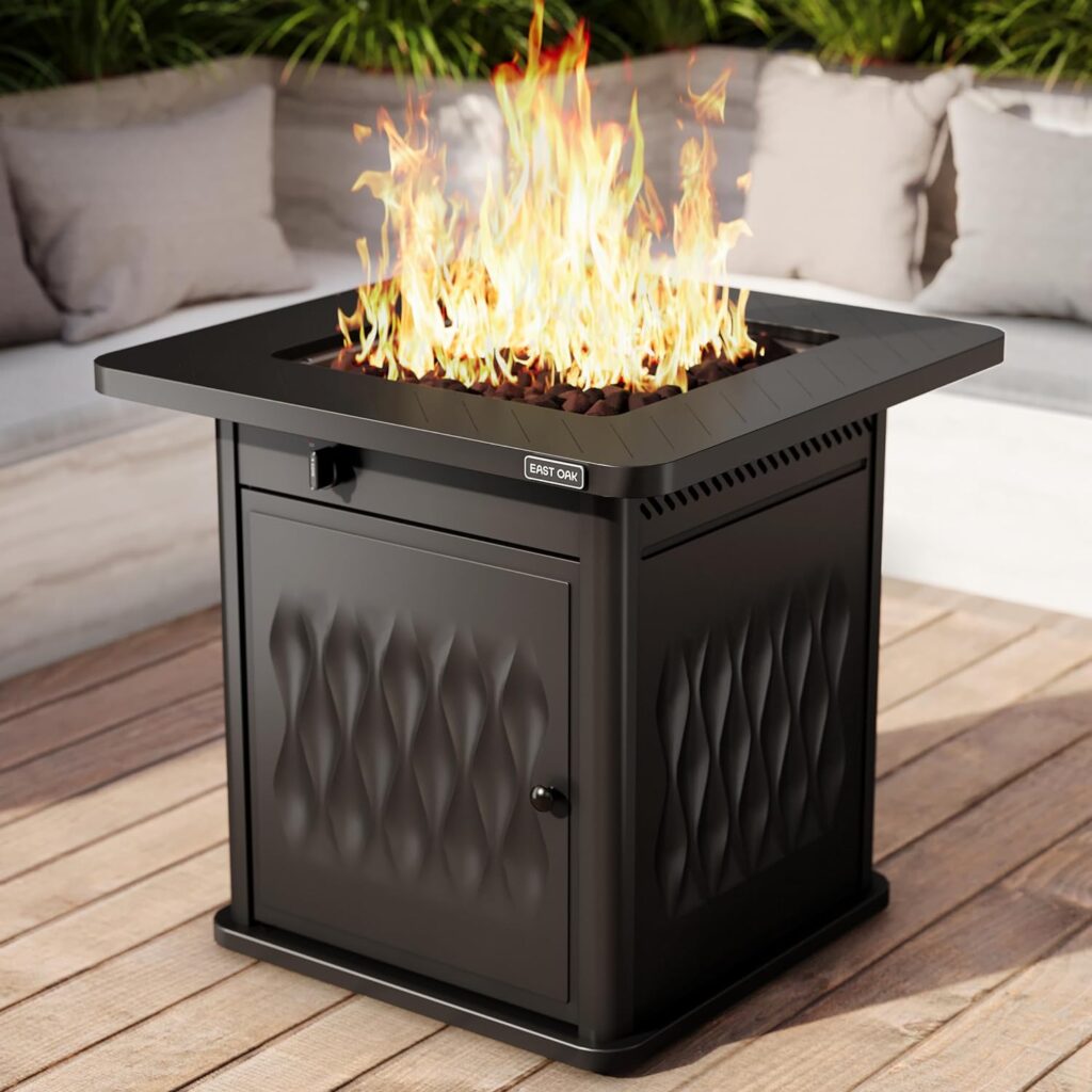 EAST OAK 28 Propane Fire Pit Table, 50,000 BTU Steel Gas FirePit for Outdoor, Outside Patio Deck and Garden, CSA Certified Fire Table with Magnetic Lid, Cover-Storage Basket and Lava Rock , Black