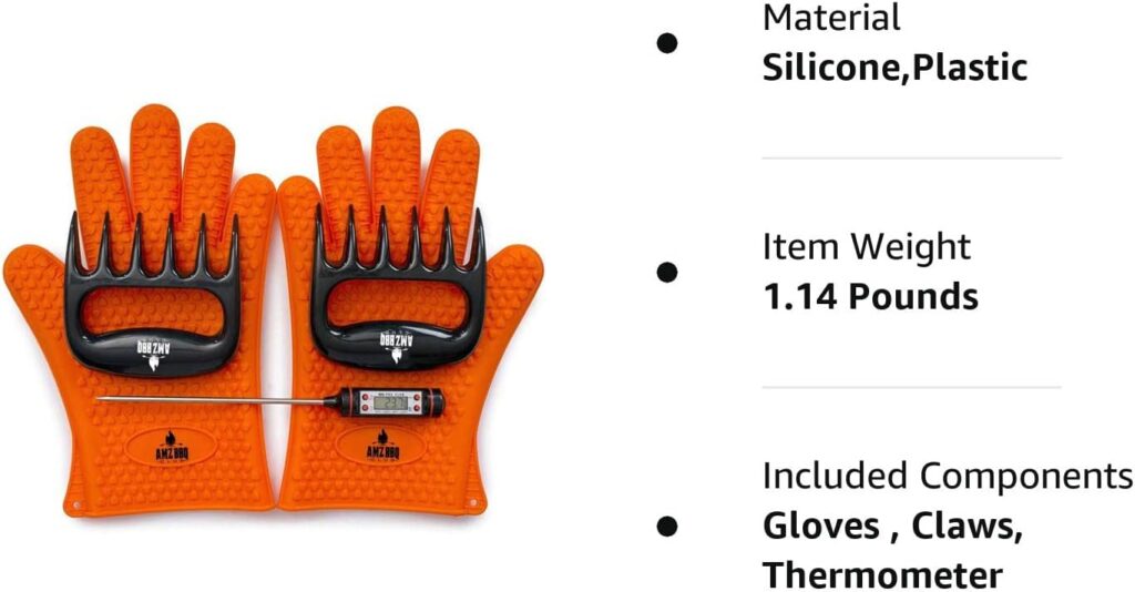 Meat Claws Bbq Grill Accessories Set - 2 Silicone Gloves, Claws For Pulled Pork, BBQ Thermometer - Perfect Smoker Accessories Grilling Tools Gift Set For (Orange Glove-Thermometer-Claw)