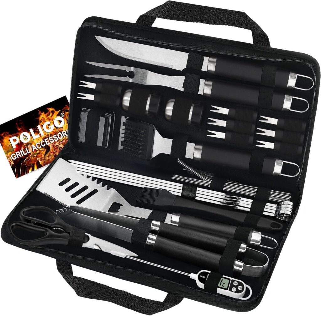 POLIGO 29 PCS BBQ Grill Accessories Stainless Steel BBQ Tools Grilling Tools Set with Storage Bag for Fathers Day Dads Birthday Presents - Camping Grill Utensils Set Ideal Grilling Gifts for Men Women