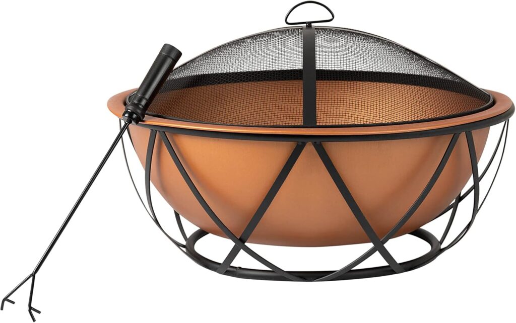 Fire Sense 62241 Fire Pit Barzelonia Copper-Look Wood Burning Lightweight Portable Outdoor Firepit Backyard Fireplace Camping Bonfire Included Screen Lift Tool  Cooking Grate - Round - 26