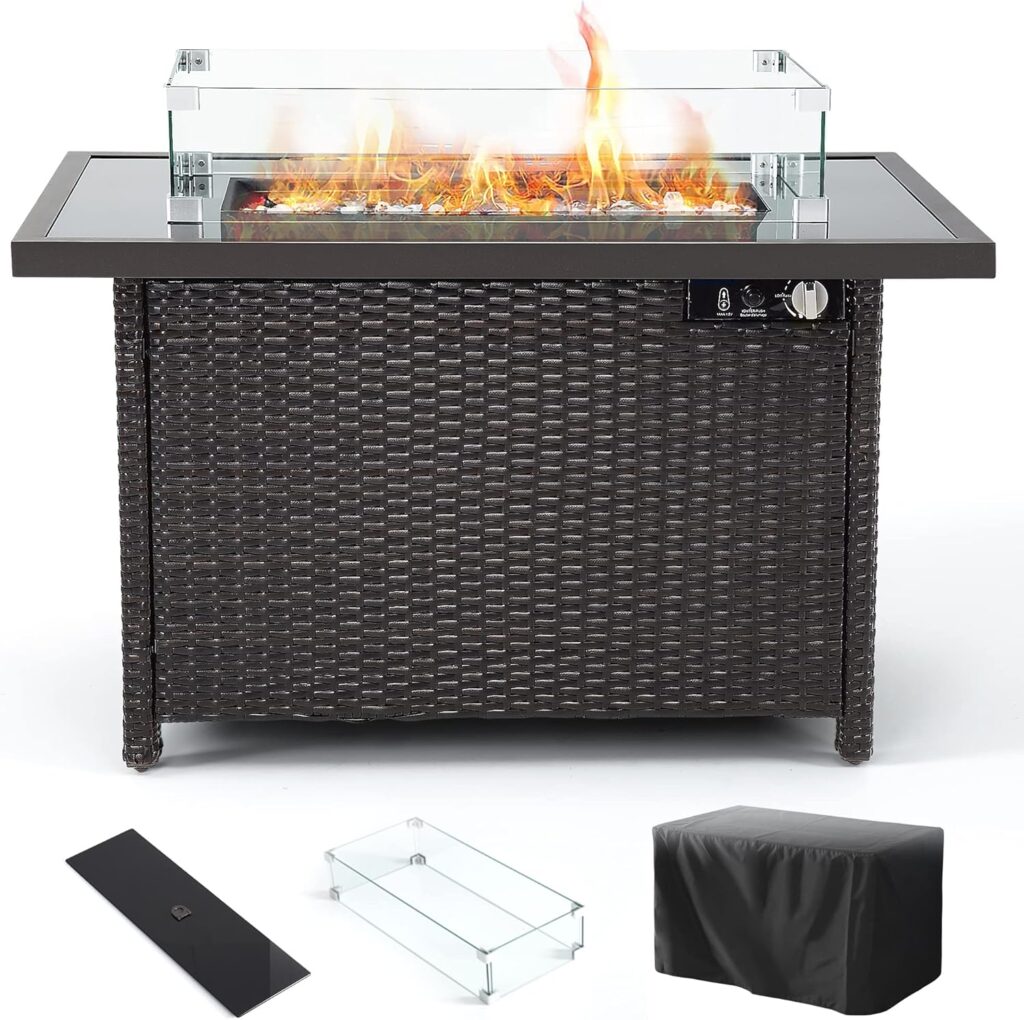 Outdoor Fire Pits,PAMAPIC Propane Fire Pit Table with Glass Wind Guard,42 Inch 50,000 BTU Auto-Ignition Outdoor Fire Tables for Garden Patio Backyard Deck Poolside