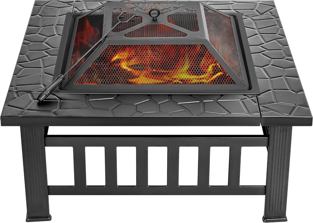 VIVOHOME 32 Inch Heavy Duty 3 in 1 Metal Square Patio Firepit Table BBQ Garden Stove with Spark Screen Cover Log Grate and Poker for Outside Wood Burning and Drink Cooling Black