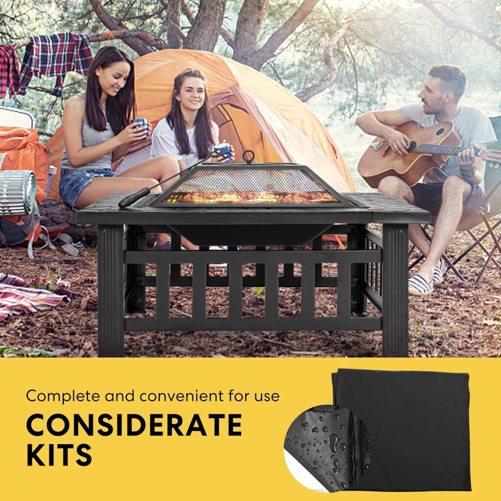 VIVOHOME 32 Inch Heavy Duty 3 in 1 Metal Square Patio Firepit Table BBQ Garden Stove with Spark Screen Cover Log Grate and Poker for Outside Wood Burning and Drink Cooling Black