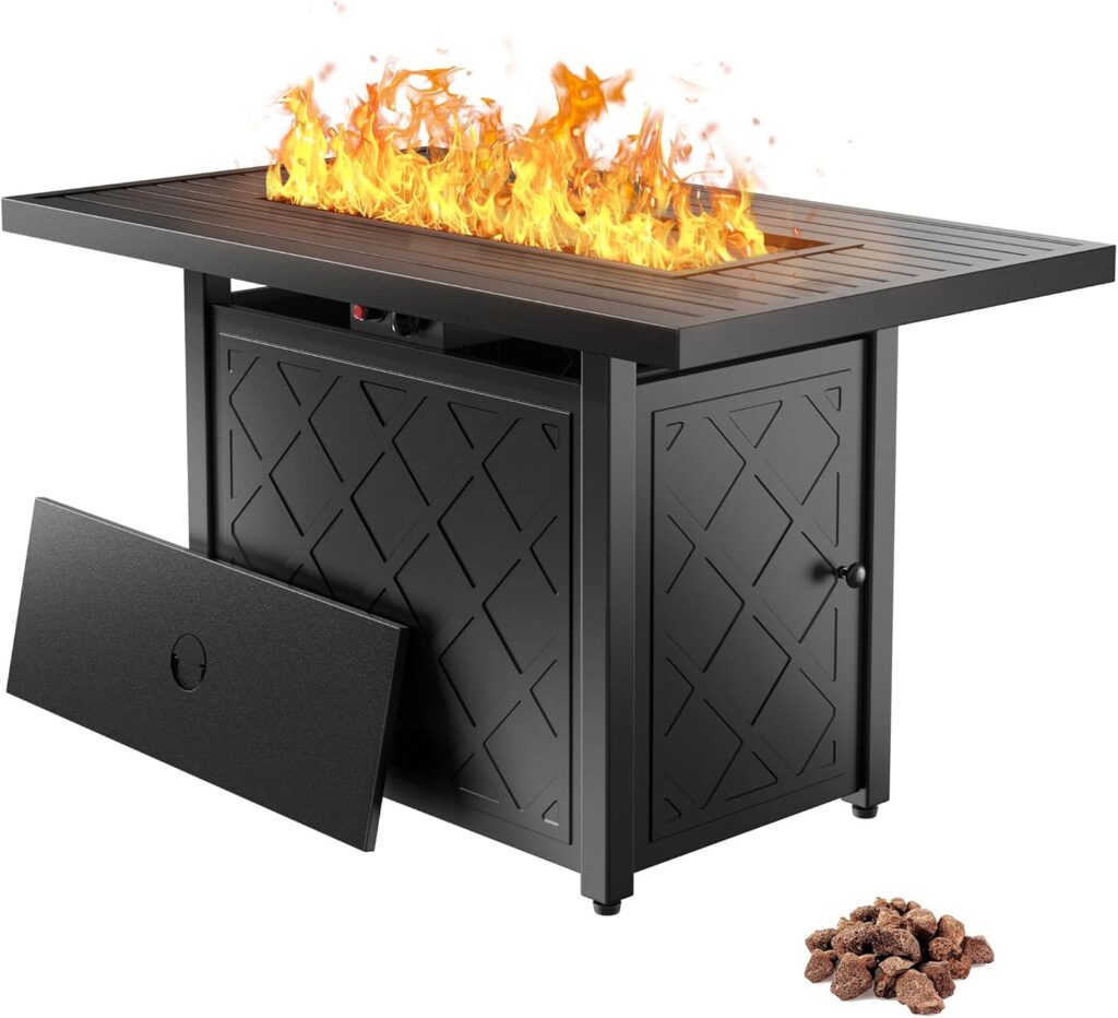 YITAHOME 43 Inch Propane Fire Pit Table, 50,000 BTU Gas Fire Pit with Ignition Systems, Iron Tabletop, Lava Rock, Lid, Rectangular Outdoor Firetable for Patio Deck Garden Backyard (Black)